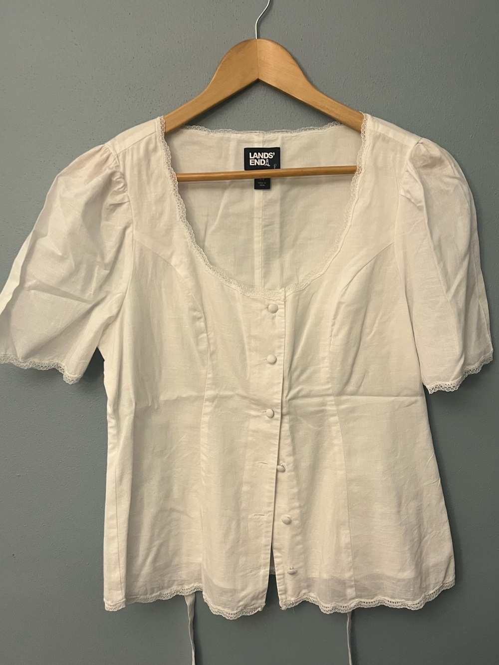 Lands' End Lace-Trim Button Front Puff Sleeve Top